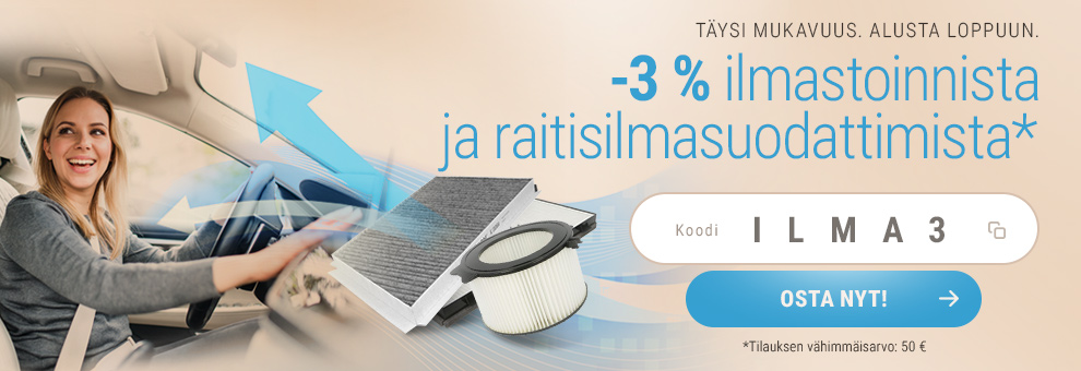 -3 % ilmastoinnista ja raitisilmasuodattimista